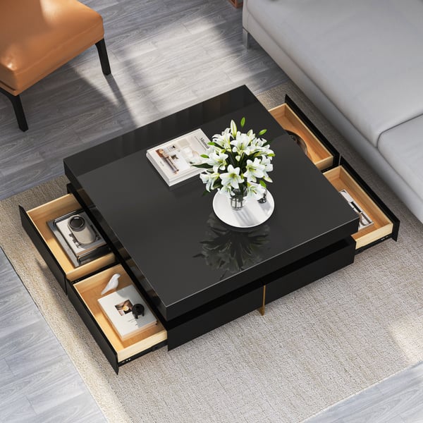 Black Modern Square Coffee Table with Drawers Tempered Glass Top & Metal Legs