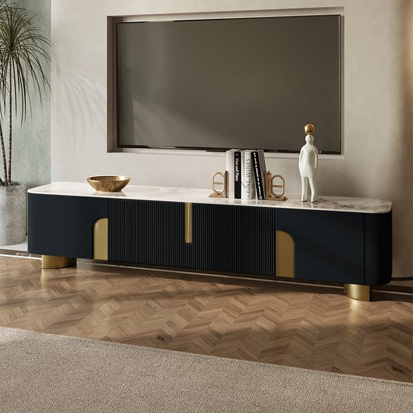 Artus Modern Black TV Stand Stone Top 4 Doors with Storage Media Console TVs up to 85"