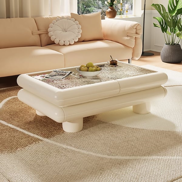 Clear & White Modern Multi-functional Large Coffee Table Extendable with Storage