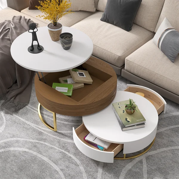 Nesnesis Round Wood Lift-top Nesting Coffee Table with Rotatable Drawers White & Walnut