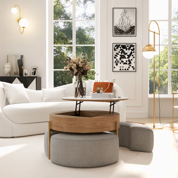 Modern Round Lift-Top Coffee Table Set with Storage & 3 Ottomans White & Walnut