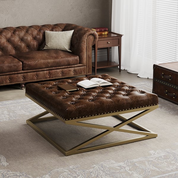 Top Grain Genuine Leather Square Coffee Table Brown Tufted Ottoman Antique Brass Frame