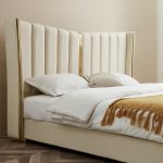 Modern Beige King Size Bed Wingback Headboard Leather Upholstery & Gold Stainless Steel