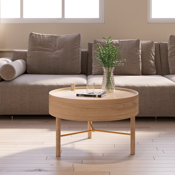 Modern Round Wood Rotating Tray Coffee Table with Storage & Metal Legs in Natural