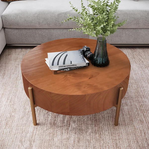 Rustic Round Coffee Table with Solid Wood Tabletop Metal Legs