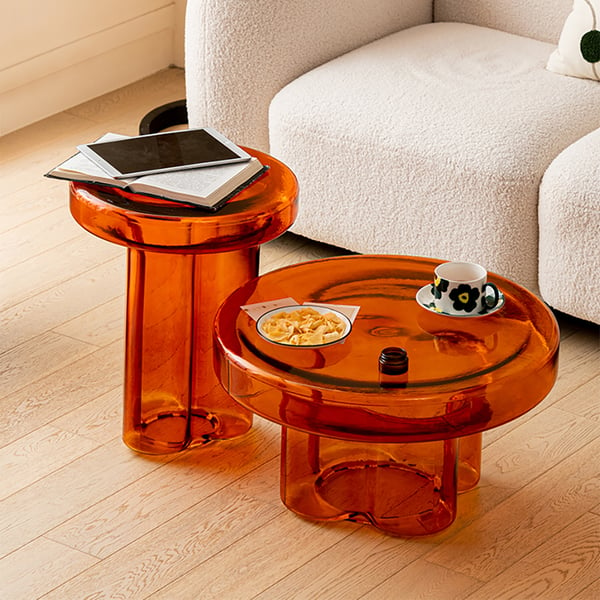 Modern Glass Coffee Table Set 2-Piece Cloud-Shaped in Orange