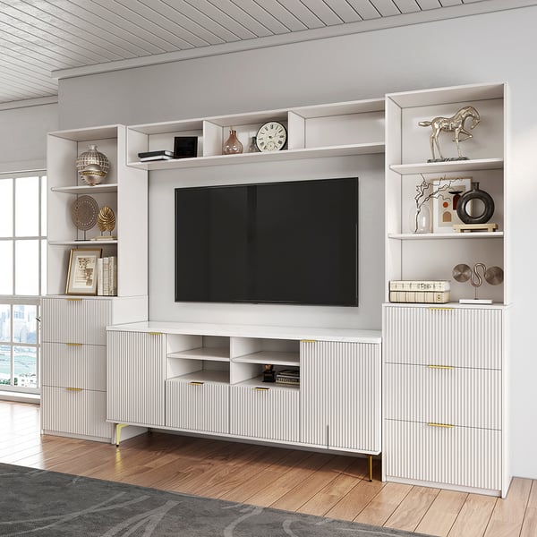 114.2" Fluted Wood Storage 4-Piece Entertainment Center with Bookshelf White TV Stand