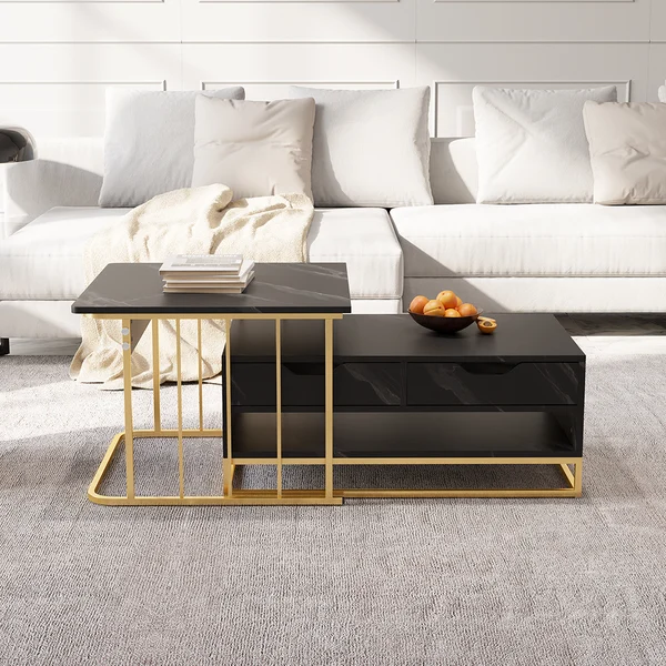 Modern Nesting Coffee Table Set of 2 in Black with Drawers & Shelves