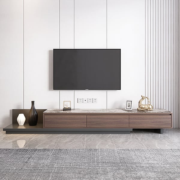 Fero Modern Extendable Stone Top Walnut & Black Wood TV Stand with 3 Drawers Up to 120"