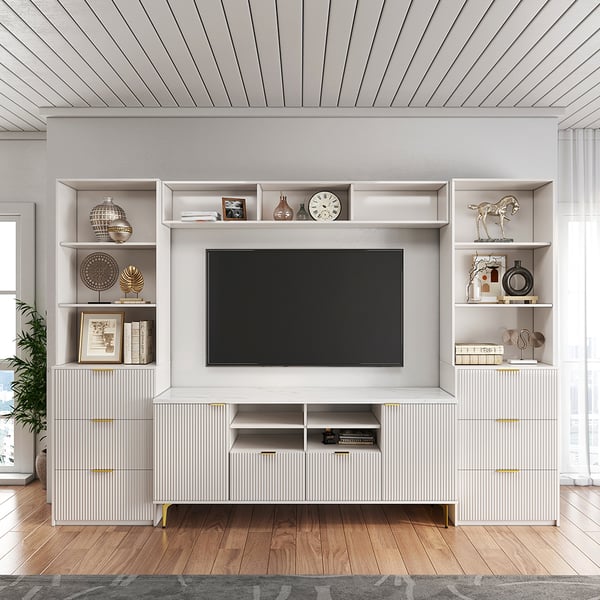 114.2" Fluted Wood Storage 4-Piece Entertainment Center with Bookshelf White TV Stand