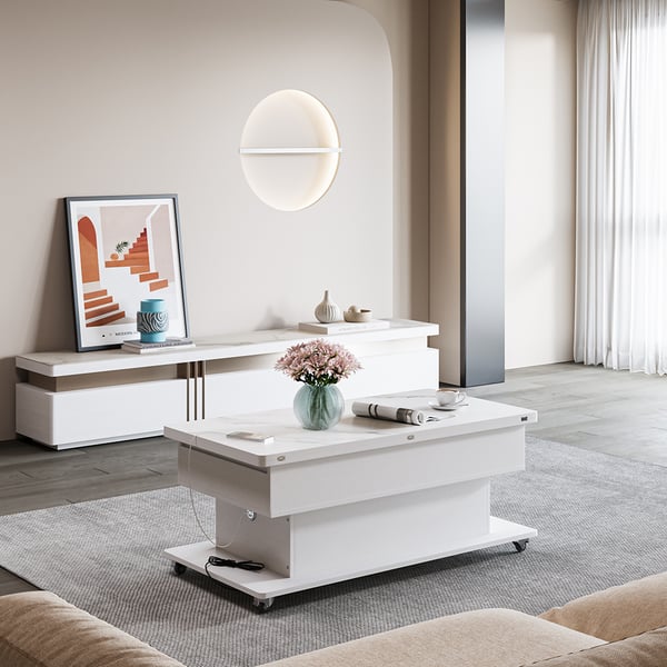 Modern White Power Lift Height Multifunctional Coffee Table Extendable 2 Drawers USB