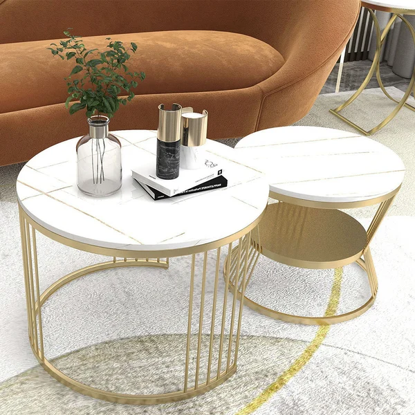 Modern White Nesting Coffee Tables Round Set of 2 with Stone Top