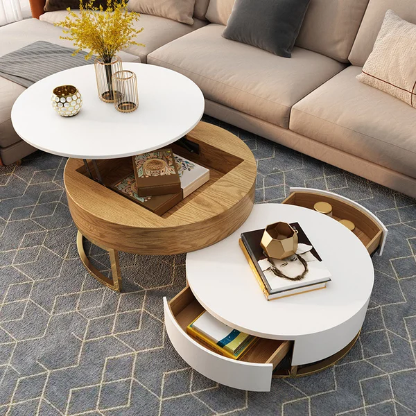 White Modern Square Coffee Table with Drawers Tempered Glass Top & Metal Legs