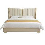 Modern Beige King Size Bed Wingback Headboard Leather Upholstery & Gold Stainless Steel