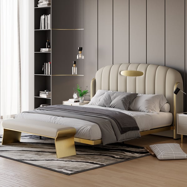 Modern Floating King Bed Faux Leather Upholstery & Gold Carbon Steel Frame