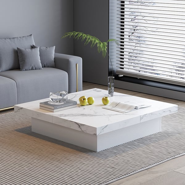 Square Marble Veneer Coffee Table Sliding Top with Storage in White