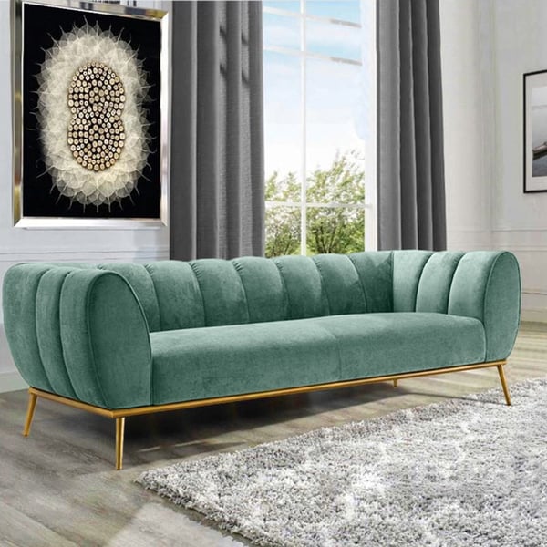 Modern Green Velvet Upholstered Sofa 3-Seater Sofa Gold Stainless Steel Base