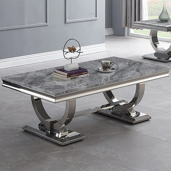 Rectangular Modern Gray Coffee Table Faux Marble & Stainless Steel