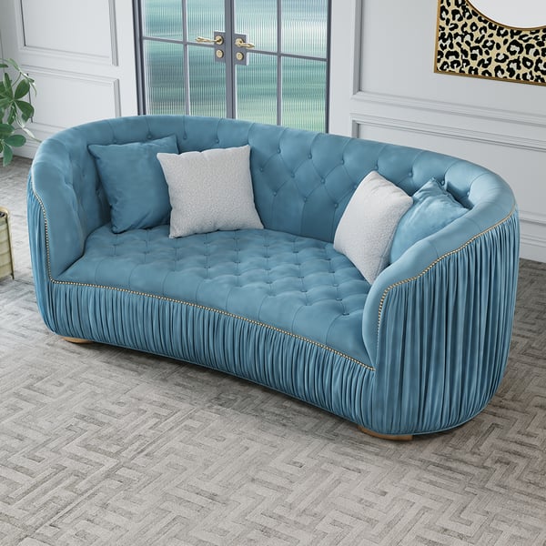 83" Luxury Modern Blue Velvet Curved Upholstered Tufted 3-Seater Sofa