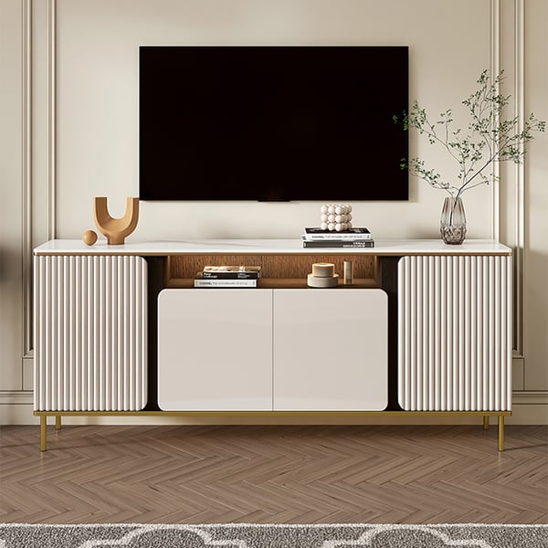 63'' Modern Beige Tall TV Stand with 4 Doors & 5 Shelves Sintered Stone Media Console