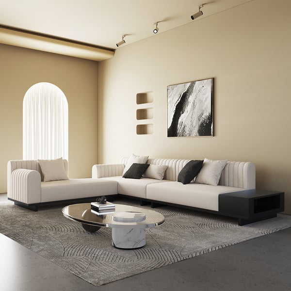 157" Modern White Corner L-Shaped Sectional Sofa Cotton & Linen with Side Open Storage