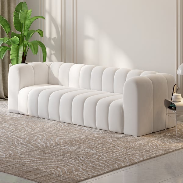 87.8" Modern White Velvet 3-Seater Sofa Channel Tufted Upholstered Luxury Solid Wood