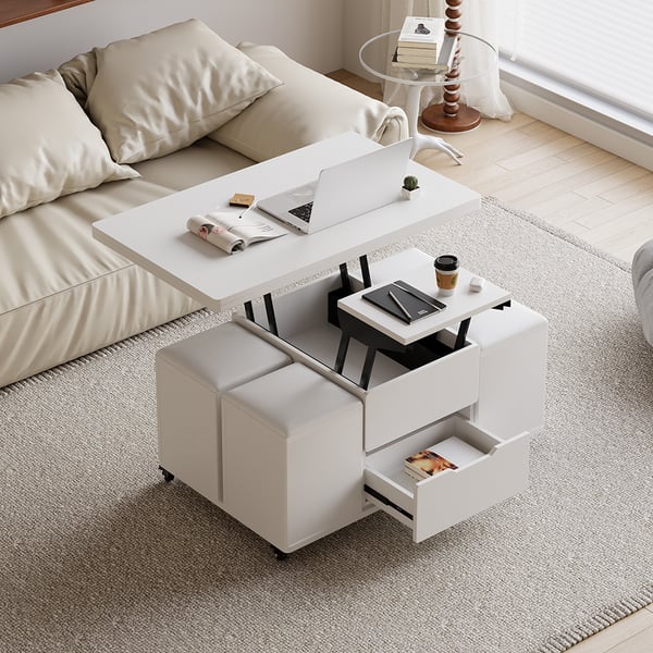 Modern White Lift Top Coffee Table 4 in 1 with Storage Ottoman Foldable and Casters