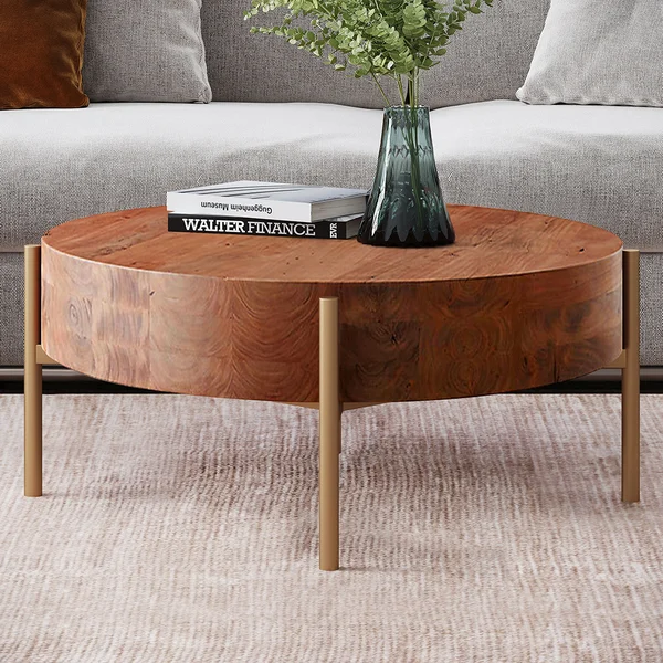 Rustic Round Coffee Table with Solid Wood Tabletop Metal Legs