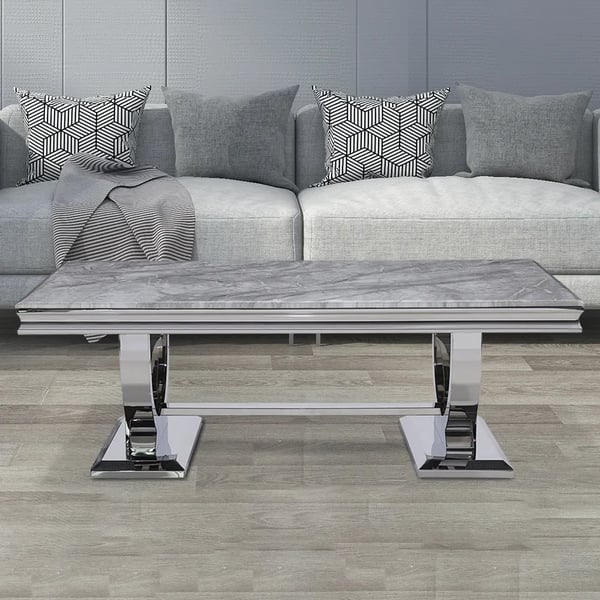 Rectangular Modern Gray Coffee Table Faux Marble & Stainless Steel