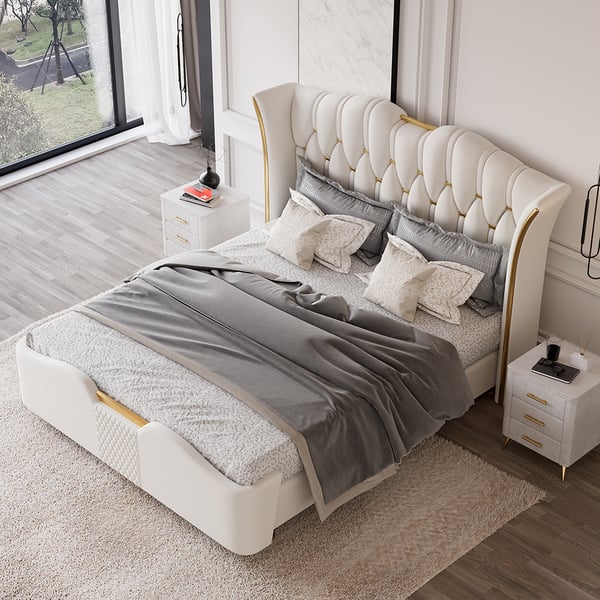 Modern Off-White Upholstered Tufted King Bed with Wingback Headboard