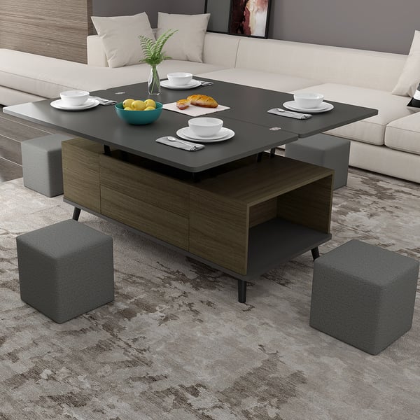 5 Pieces Lift Top Coffee Table Set with Storage Convertible Dining Table with Ottomans