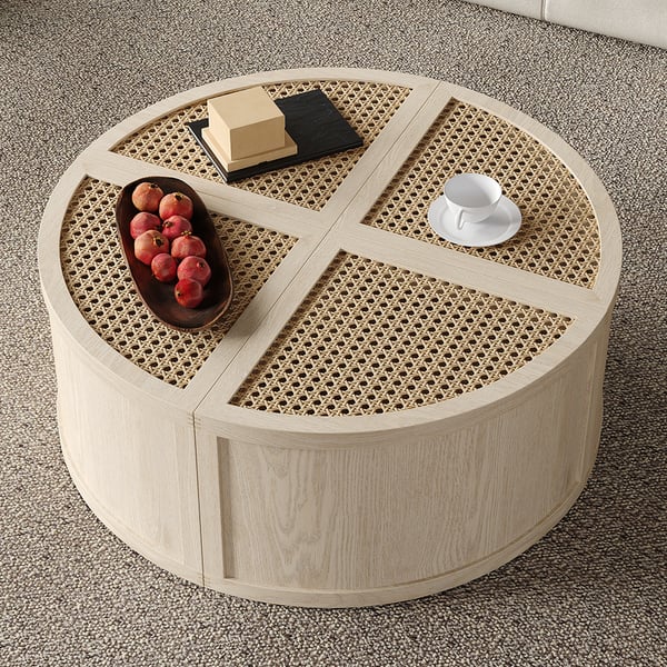 Round to Square Block Modular Coffee Table White Oak Rattan with Storage 4 Piece