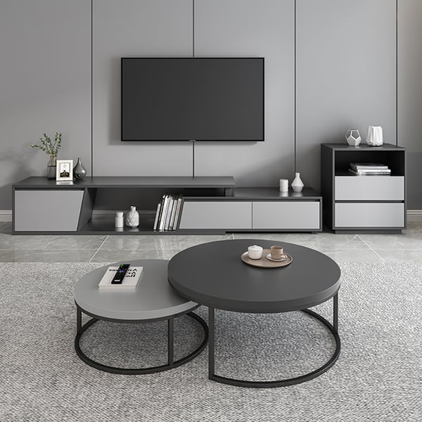 Fero 2 Pieces Modern Wood Gray & Black Round Nesting Coffee Table for Living Room