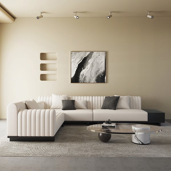 157" Modern White Corner L-Shaped Sectional Sofa Cotton & Linen with Side Open Storage