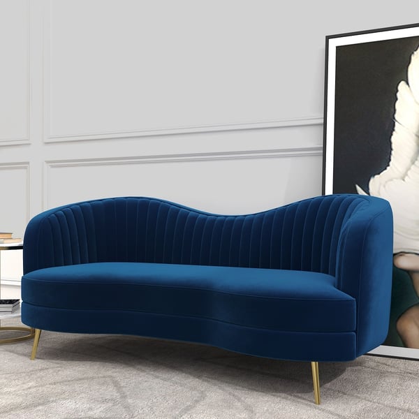 Florie Luxury 72" Vertical Channel Tufted Curved Performance Velvet Sofa in Blue