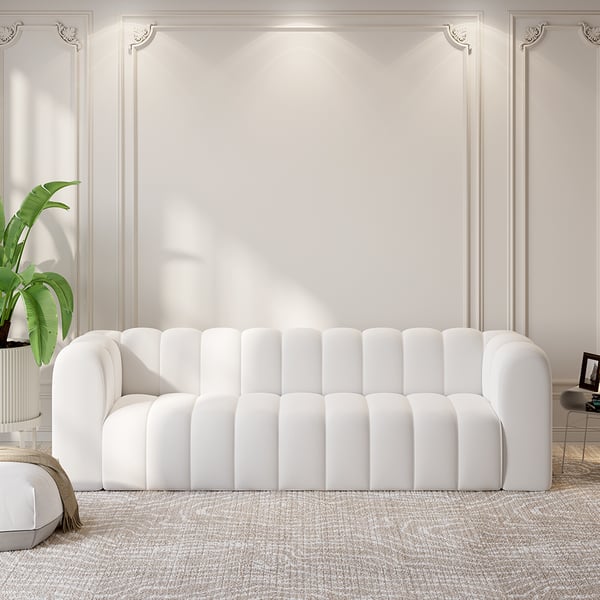 87.8" Modern White Velvet 3-Seater Sofa Channel Tufted Upholstered Luxury Solid Wood