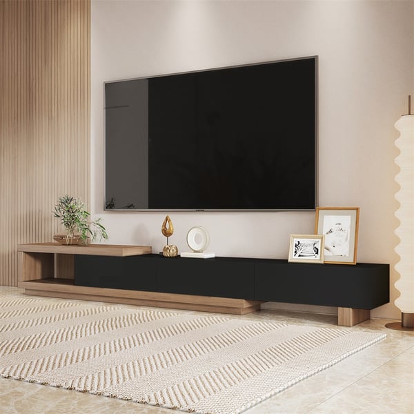 Quoint 100.4" Modern TV Stand Retracted & Extendable 3-Drawer Media Console Walnut