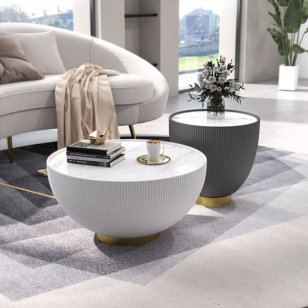 Gray Drum Coffee Table Sintered Stone Round PU-Leather Accent Table