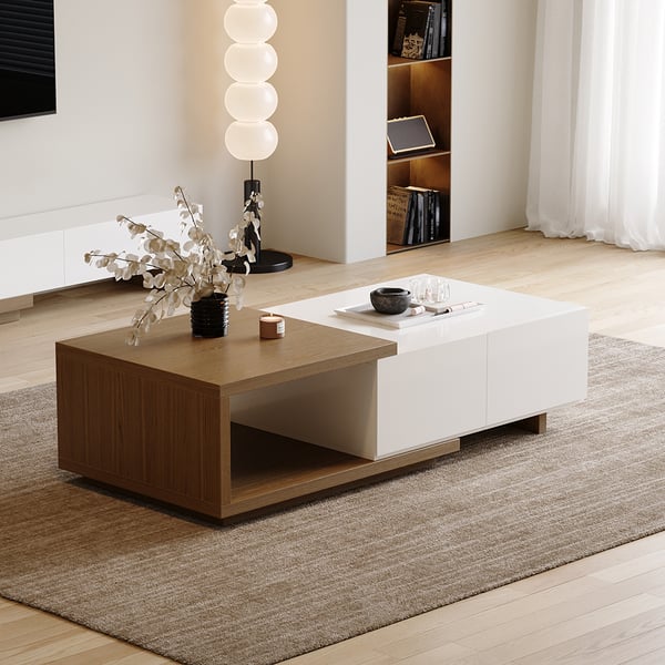 Quoint 68.9" Modern White & Walnut Coffee Table Retracted & Extendable with 2-Drawer