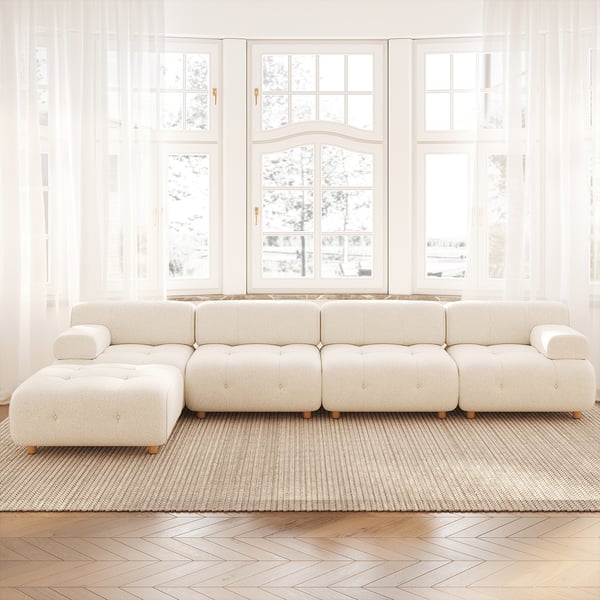 Modern L-Shaped Modular White Boucle Corner Sectional Sofa Loveseat with Wood Legs