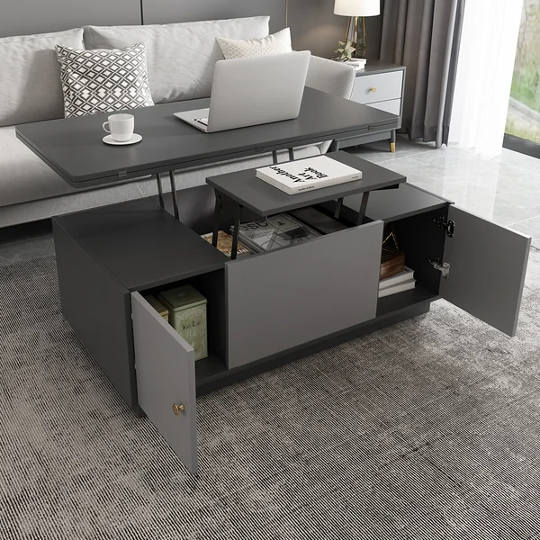 Modern Gray Multi-functional Rectangle Lift-top Coffee Table Extendable with Storage