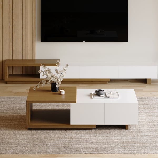 Quoint 68.9" Modern White & Walnut Coffee Table Retracted & Extendable with 2-Drawer