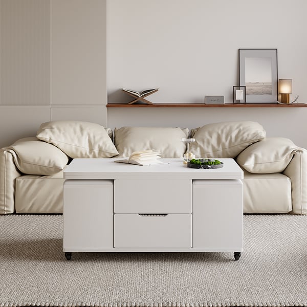 Modern White Lift Top Coffee Table 4 in 1 with Storage Ottoman Foldable and Casters