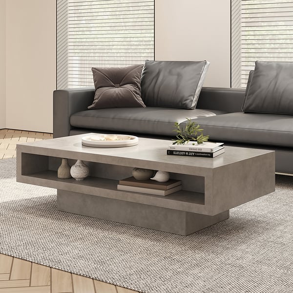 Japandi Rectangle Concrete Gray Coffee Table with 2 Drawers & Open Storage