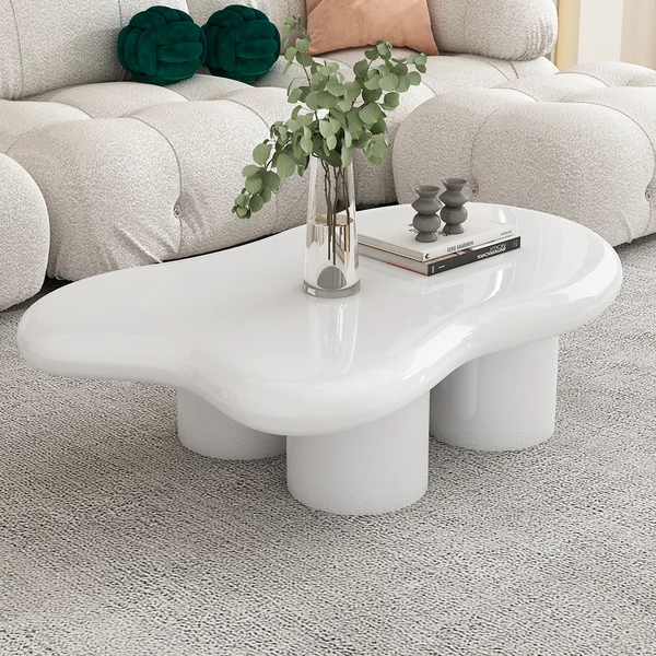 39" Modern Smooth Wood Abstract Coffee Table in White with 4 legs