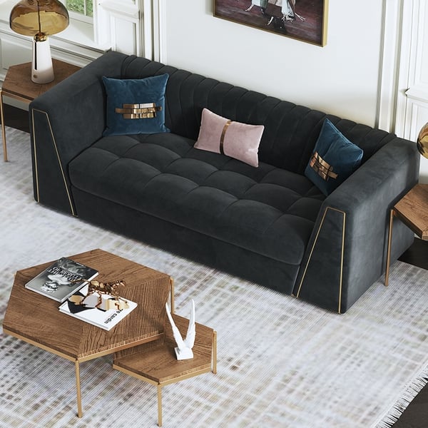 90.6" Modular Velvet Sofa Deep Gray Tufted Upholstery Modern Couch Floor Sofa in Large