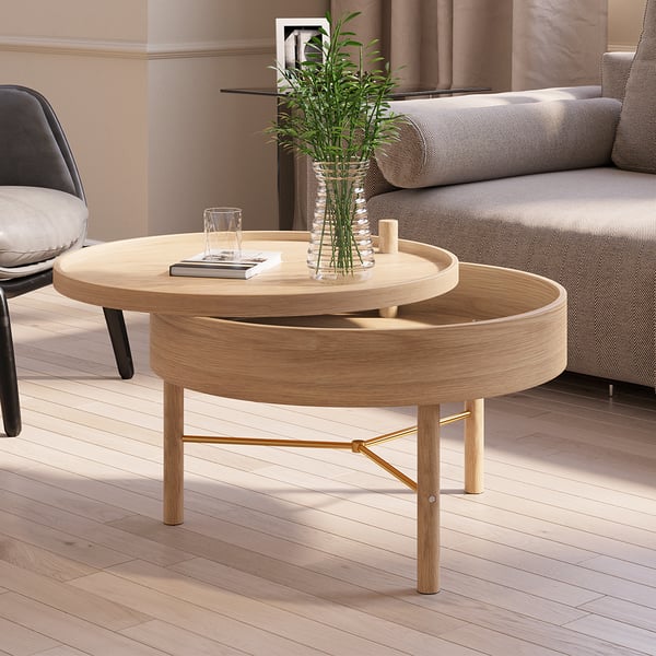 Modern Round Wood Rotating Tray Coffee Table with Storage & Metal Legs in Natural