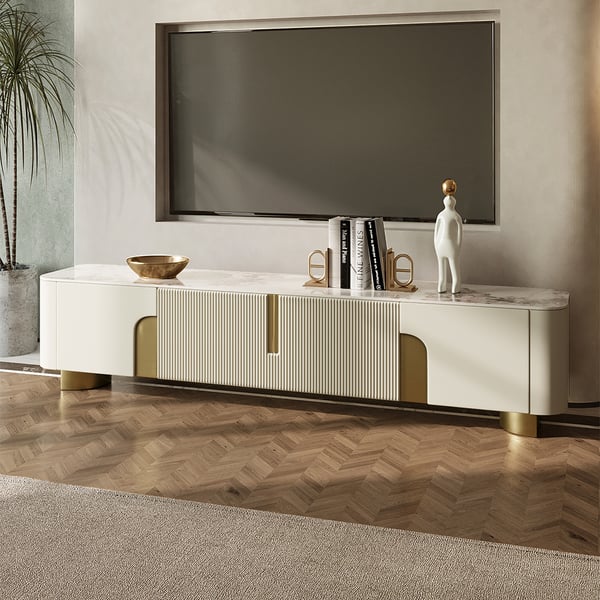 Artus Modern Beige TV Stand Stone Top 4 Doors with Storage Media Console TVs up to 85"