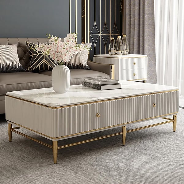 Bline 51" White Faux Marble Rectangle Coffee Table in Gold with Storage 4 Drawers