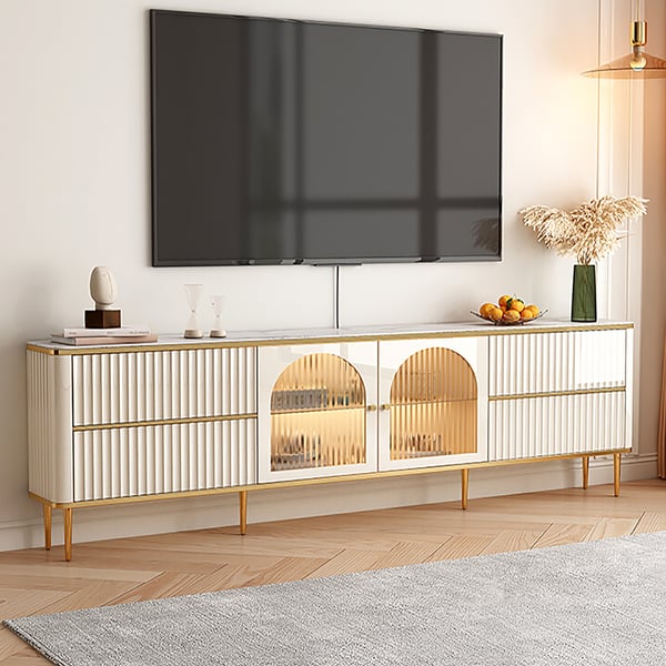 80" White Glass Door Fluted Stone TV Stand Wood Media Cabinet for 85" TV with Drawers